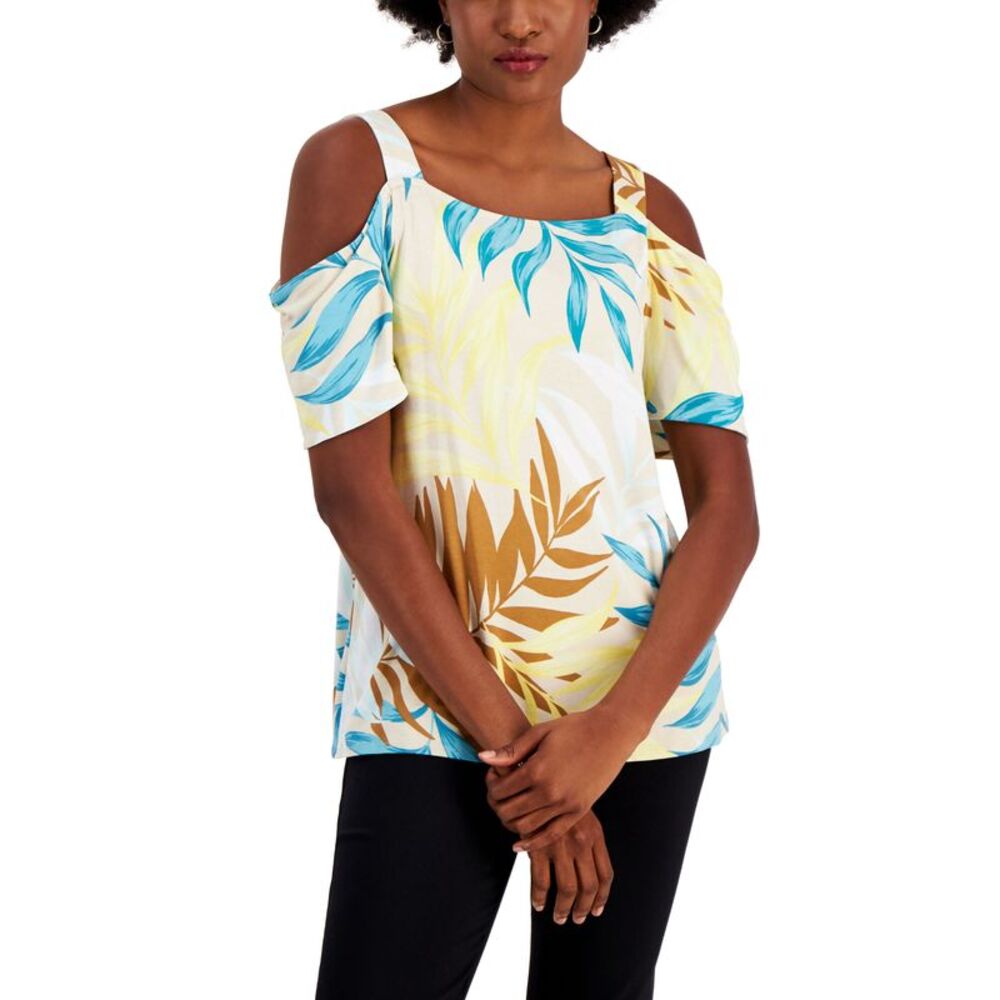 JM Collection Womens Fern Map Cold Shoulder Top